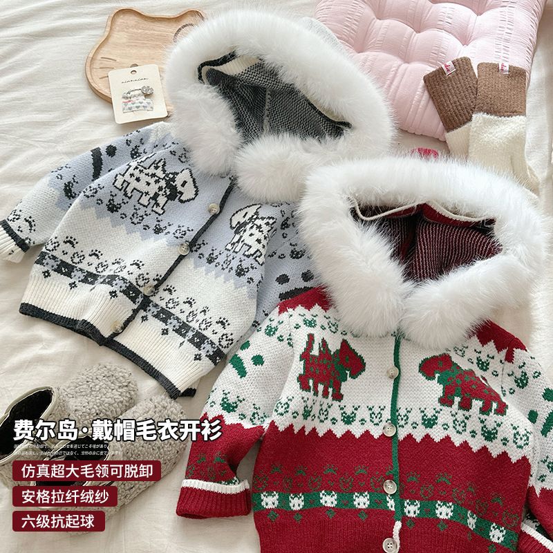 لباس بچه گانه نارنجی دخترانه مدل ژاکت کش باف پشمی کلاهدار Fair Isle یقه خز بزرگ الیاف پلی استر قابل جابجایی (پلی استر) الیاف شیمیایی معمولی