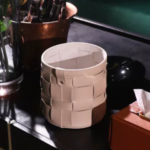 سبد زباله چرمی دست‌بافت گرد | جا مدادی و سطل کاغذ رومیزی