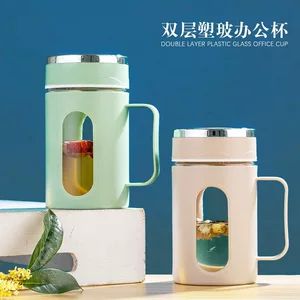 لیوان دو لایه ساده و شیک با دسته، مناسب برای محل کار، ظرفیت بالا، هدیه تبلیغاتی