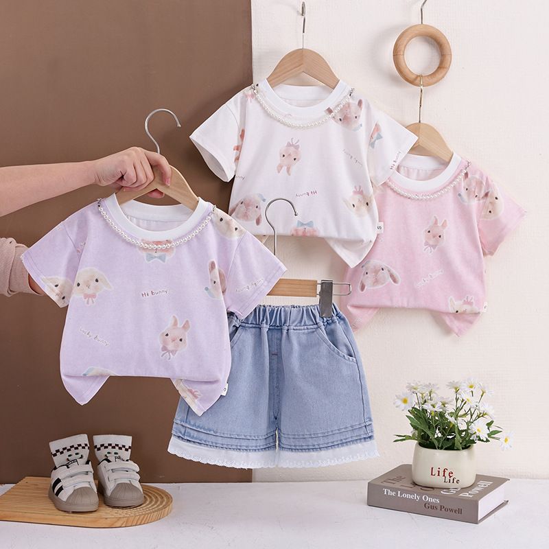 ست دو تکه شورتک جین دخترانه طرح خرگوش و تور
