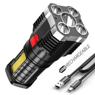 چراغ قوه LED پنج حالته با نور قوی، شارژی USB، مناسب فضای باز و کار، عمده