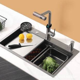 سینک آشپزخانه استیل ضدزنگ تک‌لگنه با شیر آب‌ریز دیجیتال