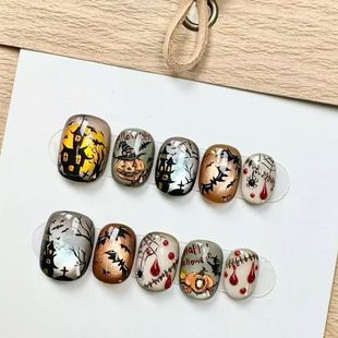ناخن مصنوعی هالووین کدو تنبل و خانه ارواح، طرح کت‌آی و نگین، استایل آمریکایی