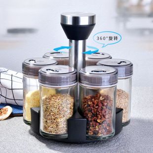 ست شیشه‌ای نگهدارنده ادویه و چاشنی با درب، شامل نمک و شکر قهوه‌ای، به همراه قفسه چرخان، بسته‌بندی ترکیبی