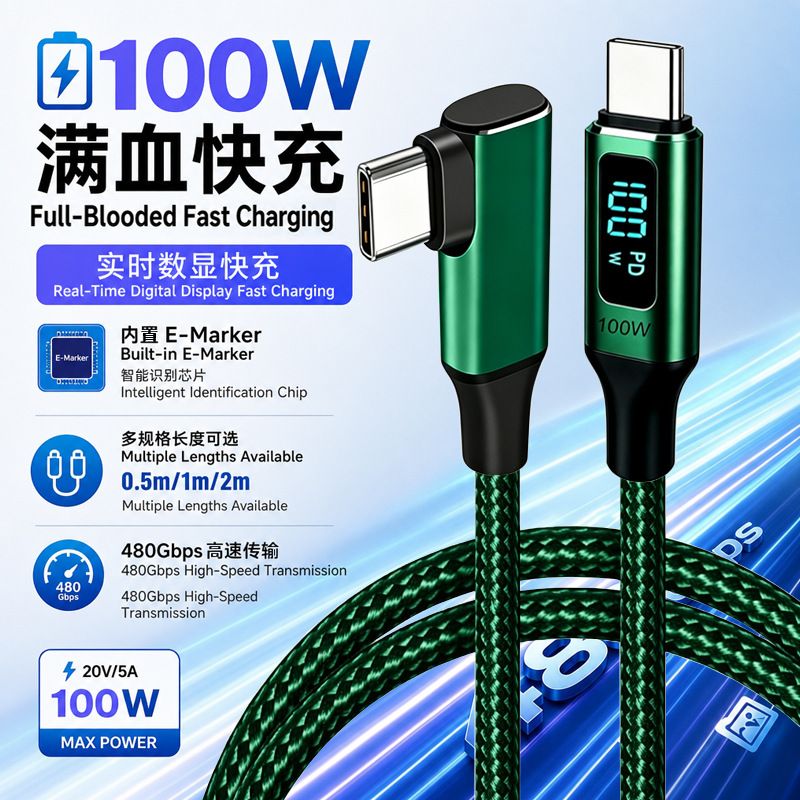 صفحه نمایش دیجیتال مرزی کابل دیتا نوع c نر به مرد کابل شارژ زانویی شارژ سریع Huawei 5A PD100w مناسب برای محصولات جدید هواوی ظرف 30 روز