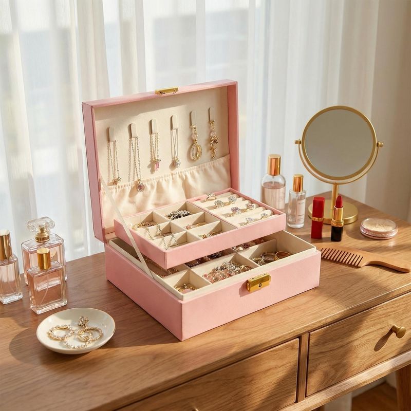 جعبه جواهرات PU دو لایه با ظرفیت بالا، جعبه نگهداری ساعت گردنبند گوشواره، جعبه نگهداری جواهرات قابل قفل، جعبه جواهرات خانگی، ... حجم فروش TOP10%