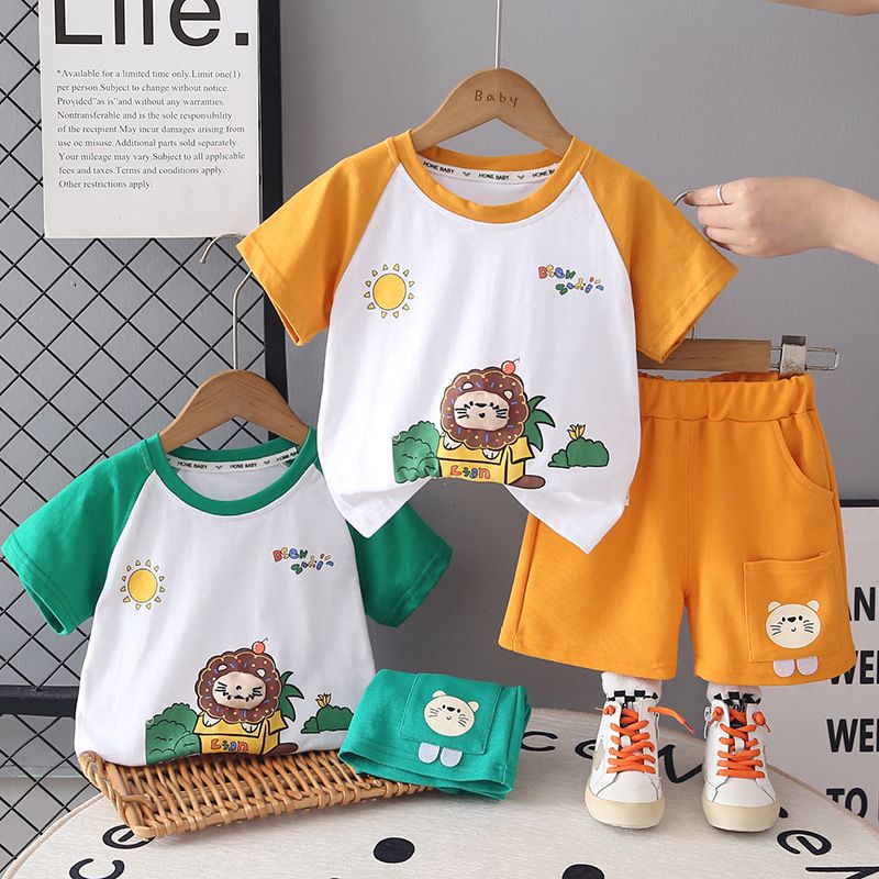 لباس بچه گانه Doudou 2026 تجارت خارجی تابستانی یقه گرد خورشید کارتونی رنگ همسان لباس های آستین کوتاه پسرانه و دخترانه ست دو تکه نوزادان و کودکان نوپا (1 تا 3 سال، 80 ~ 100 سانتی متر) ست دو تکه نازک