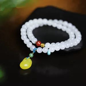 دستبند یشم هتان ۶ میلیمتری چند دور مهره‌های گرد، مناسب DIY زنانه، همراه با عقیق سرخ و کهربا، کیسه پول، اکسسوری ساده، دستبند بودایی