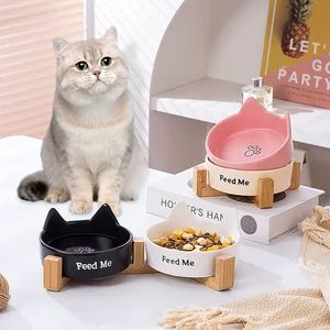 کاسه چینی دوقلو برای آب و غذا، پایه چوبی، محافظ گردن گربه، ضد واژگونی، ظرف غذای گربه