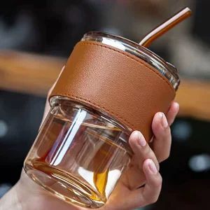 لیوان شیشهای بامبو با نی، طرح دار، مناسب هدیه و قهوه، با قابلیت چاپ لوگو