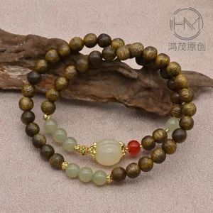 دستبند دو دور چوب عود طبیعی ۶ میلی‌متری، سبک مدرن چینی، دانه‌های بودایی و عتیقه، مناسب زن و مرد