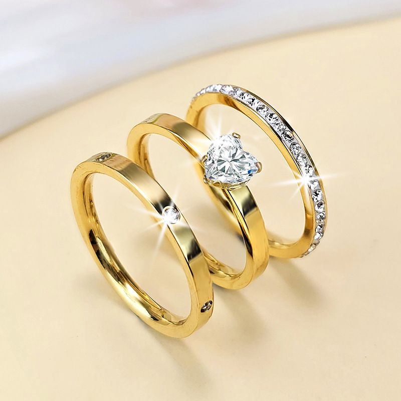 حلقه بین‌المللی محبوب ست سه تکه حلقه استیل ضد زنگ 18K حلقه غیر محو ست حلقه زیرکونی تولید کننده 10% فروش حلقه برتر