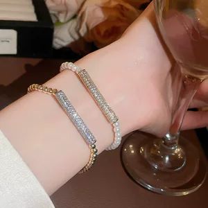 دستبند مهره‌ای گرد طرح بامبو با سنگ زیرکن، قابل تنظیم، شیک و مینیمال، مناسب استفاده روزمره