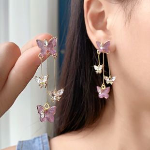 گوشواره آویز پروانه‌ای بنفش با سوزن نقره S925، لوکس و درخشان