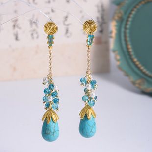 گوشواره بلند فیروزه‌ای طرح سنتی چینی