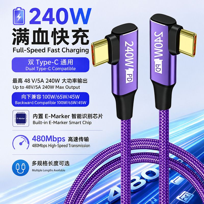 [شارژ فوق العاده سریع 240 واتی] کابل داده نوع c USB-C به C تلفن همراه لپ تاپ شارژ سریع PD 5ATYPE-C شارژ سریع تک سر