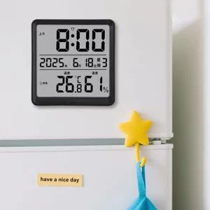 دماسنج و رطوبتسنج دیجیتال دقیق با نمایشگر بزرگ، مجهز به ساعت، قابلیت نصب مغناطیسی، مناسب خانه