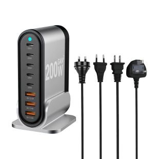 شارژر ۲۰۰ واتی گالیم نیترید PD با ۵ پورت USB-C و ۳ پورت USB-A، آداپتور رومیزی آلومینیومی