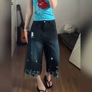 شلوار جین هفت‌هشتم گلدوزی گربه، زنانه، مدل تابستانی جدید، گشاد و خنک، مناسب قد کوتاه، لاغرکننده و خوش‌فرم