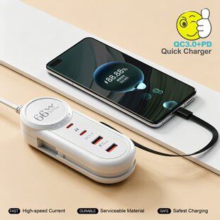 شارژر سریع موبایل ۲ تایپ سی و ۲ USB با کابل، پریز آمریکایی و اروپایی