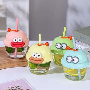 لیوان شیشه‌ای کارتونی با نی، طرح دار، مناسب نوشیدنی و هدیه