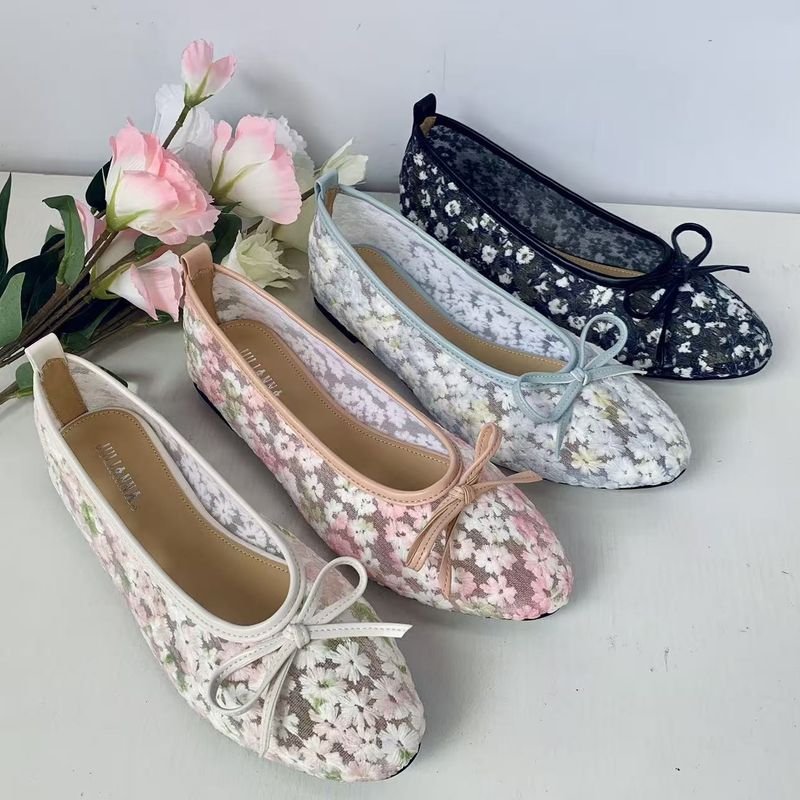 ZA کفش‌های مسطح گلدار توری برای زنان پاپیون کم‌عمق سایز بزرگ 35-43 مد کفش‌های زنانه مری جین کفش‌های مسطح تنفسی مشبک