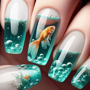X-0294 Nail Art Scenery Fightfish Swimming Water Nails Wearable 24 Pieces فروش مستقیم کارخانه