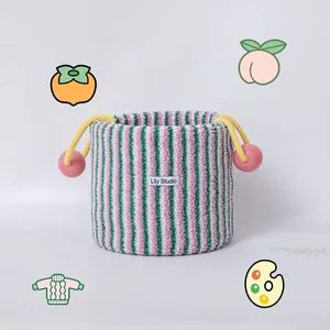 جعبه ذخیرهسازی طرح راهراه کارتونی با طناب نخی، مناسب برای اسباببازی، خوراکی و وسایل اتاق خواب