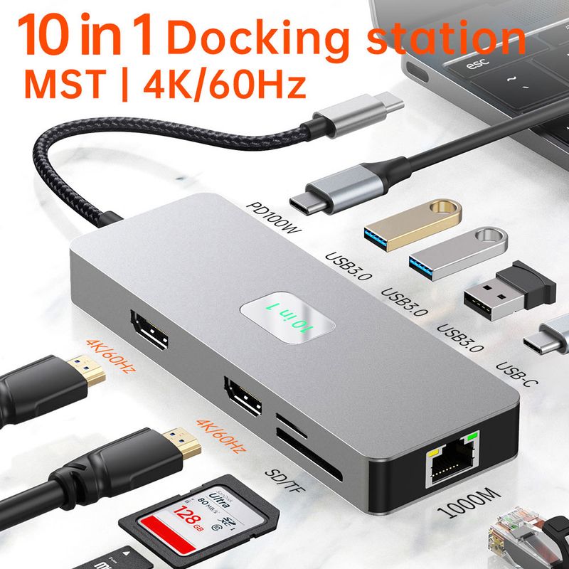 ایستگاه داک usb-c 10 در 1 دوگانه HDMI 4K60Hz صفحه نمایش دیفرانسیل سه صفحه نمایش USB3.0 گیگابیتی پورت شبکه PD100W گسترش جدید ظرف 30 روز