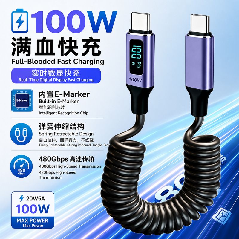 فنر نمایشگر دیجیتال PD100W فروش مستقیم کارخانه کابل دیتا شارژ سریع کابل C به C پورت C کابل شارژ سریع هوشمند 66 وات جریان تصویری TYPE-C صفحه نمایش دیجیتال تک سر