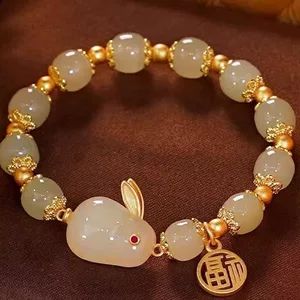 دستبند زنانه خرگوش یشمی جدید به سبک چینی، طرح طاقچه، دستبند دانشجویی با ظاهری زیبا، هدیه تولد به سبک باستانی برای بهترین دوست