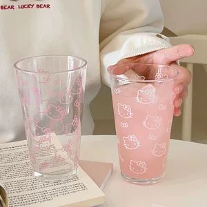 لیوان شیشهای طرح Hello Kitty با نی شیشهای، زیبا و جذاب، مناسب خانه و دفتر، گنجایش بالا