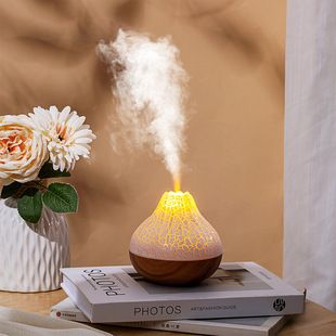 دستگاه بخور آتشفشانی چوبی با چراغ شب و شعله مصنوعی USB