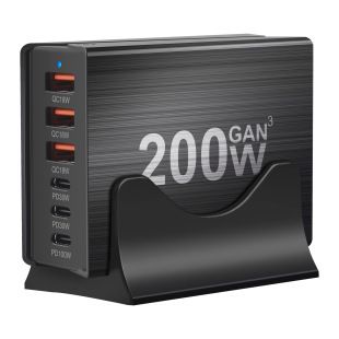 شارژر دیواری ۲۰۰ واتی گالیم نیترید با ۶ پورت ۳USB-C و ۳USB-A