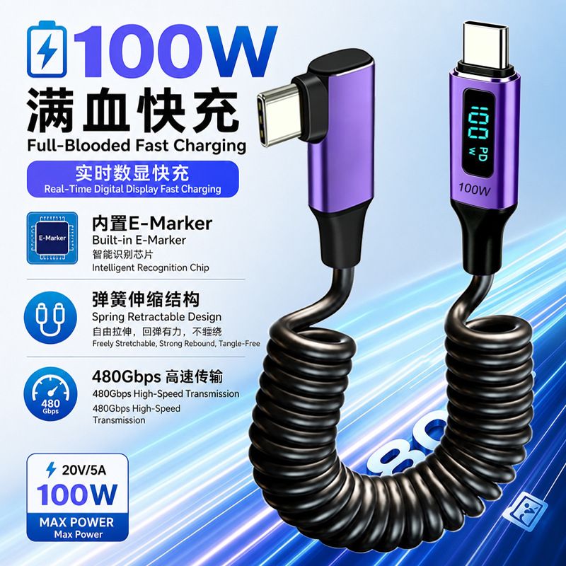 صفحه نمایش دیجیتال هوشمند PD100W 5A کابل داده شارژ سریع فنری C به پورت C منبع 100 وات کابل شارژ سریع بصری کارخانه جدید در 30 روز